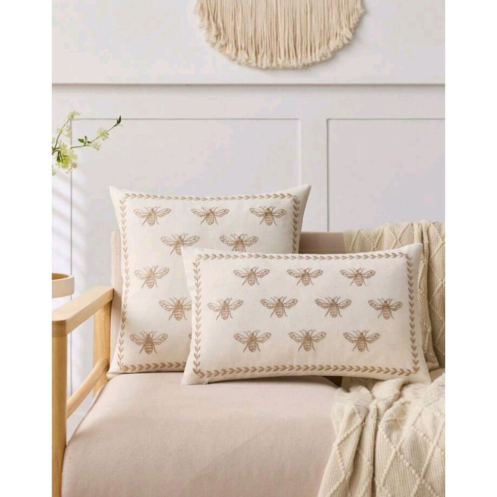 New Linen Blend Pillow Covers, Bee Embroidery. Cottage Grandma Fairy Boho Spring